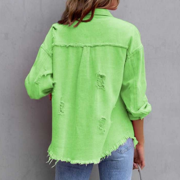 Rugged Vogue Distressed Denim Jacket - Lime - Picture 2 of 4